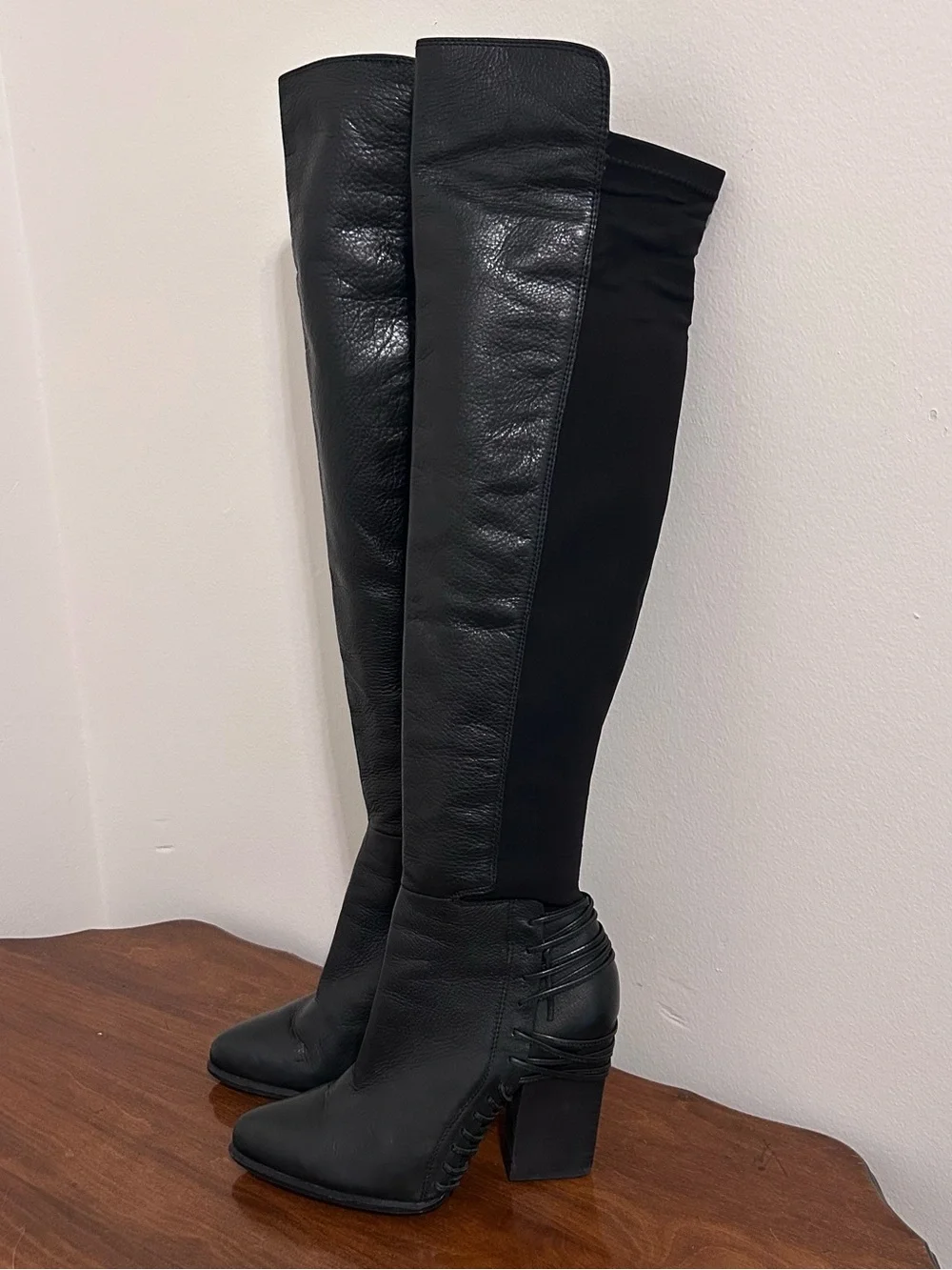 Dolce Vita Black Over-the-Knee Leather & Stretch Block Heel Boots Size 8